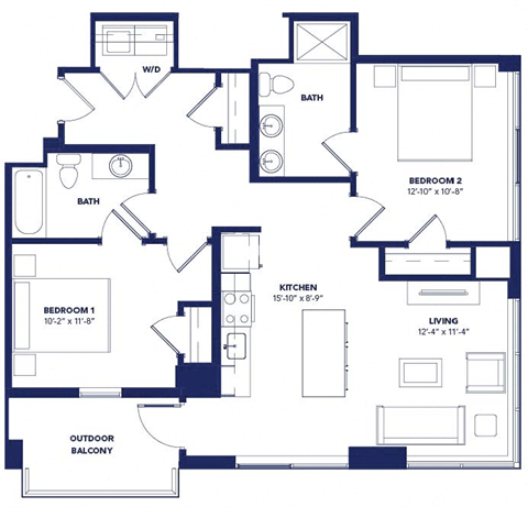 Floor plan for 2 beds, 2 baths, 1003 sqft